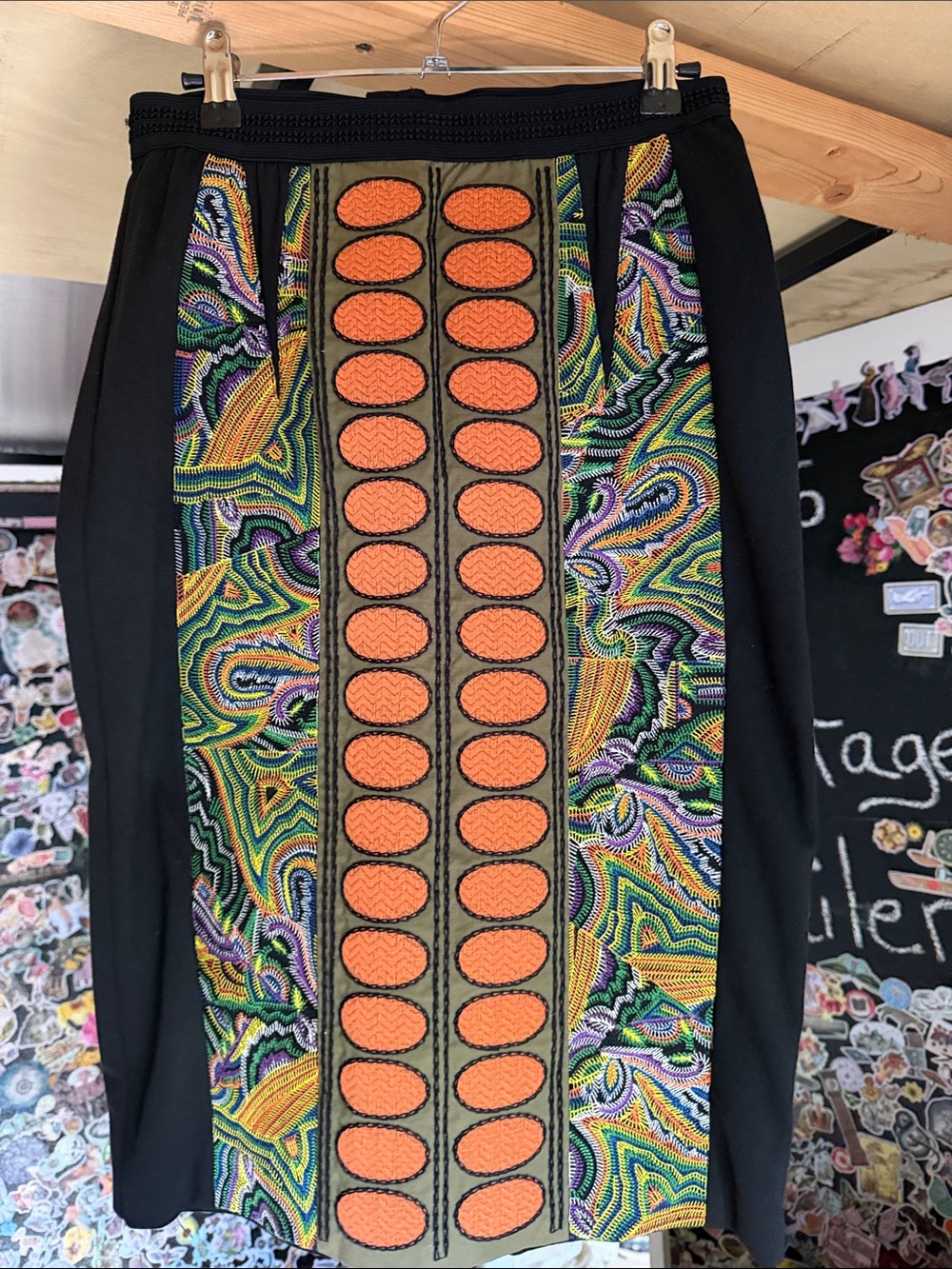 Maeve Black Pencil Skirt with Orange and Multicolor Embroidered Panel